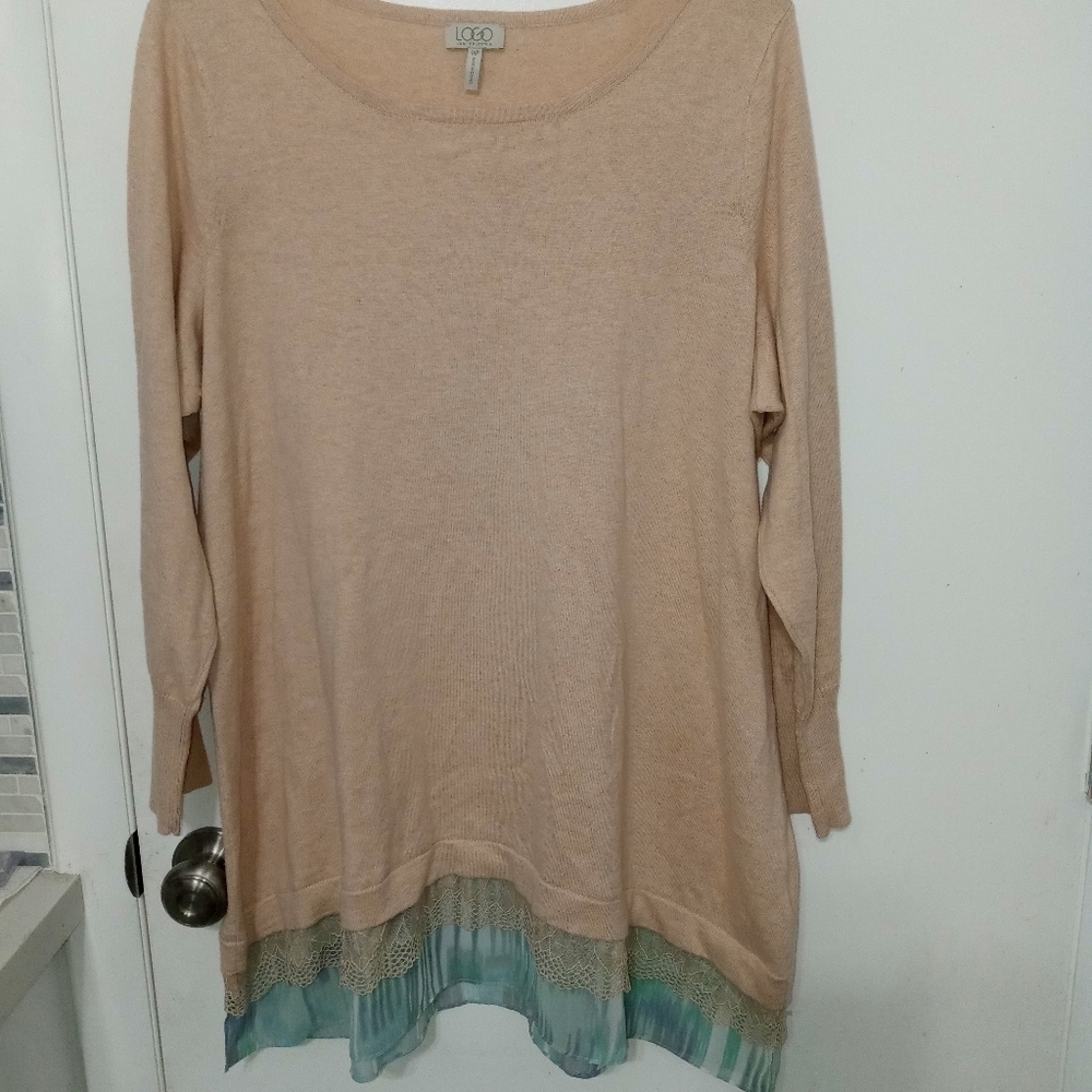 Logo By Lori Goldstein Long Sleeve Lightweight Sweater Lace And Tulle Bottom 1XP